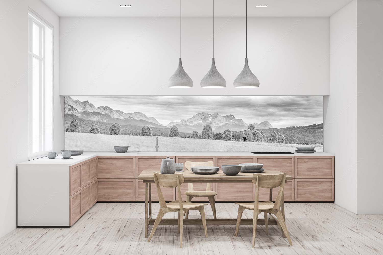 Wia friahra – Küchenrückwand – Größe ca. 400x100cm, Seitenverhältnis 4:1 — Heuarbeit Heustankern Stanker vor Zugspitzmassiv mit Hochblassen, Alpspitze, Zugspitze und Waxenstein - Wia friahra - Küchenrückwand - Größe ca. 400x100cm, Seitenverhältnis 4:1 - Heuarbeit Heustankern - weitere Infos unter https://www.kriner-weiermann.de