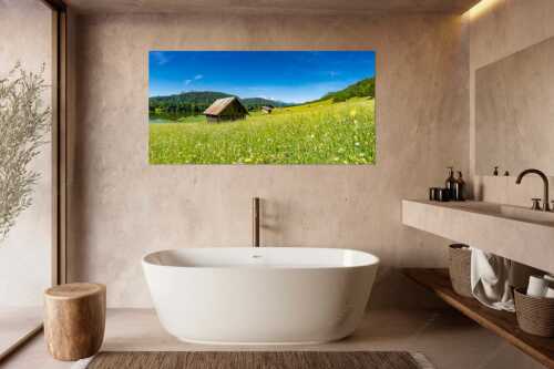 Blick über Blumenwiese am Geroldsee zum Zugspitzmassiv im Wetterstein - Wiesmahd am Geroldsee II - Größe ca. 180x90cm, Seitenverhältnis 2:1 - Blumenwiese mit Zugspitze - weitere Infos unter https://www.kriner-weiermann.de