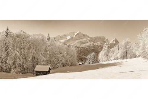 Winterlandschaft am Höfle mit Blick zum Zugspitzmassiv im Wetterstein - Winter im Werdenfels - Seitenverhältnis 2,5:1 - Alpspitze Zugspitze und Waxenstein - weitere Infos unter https://www.kriner-weiermann.de