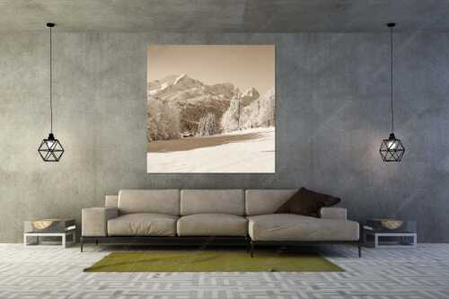 Winterlandschaft am Höfle mit Blick zum Zugspitzmassiv im Wetterstein - Winter im Werdenfels - Größe ca. 160x160cm, Seitenverhältnis 1:1 - Alpspitze Zugspitze und Waxenstein - weitere Infos unter https://www.kriner-weiermann.de