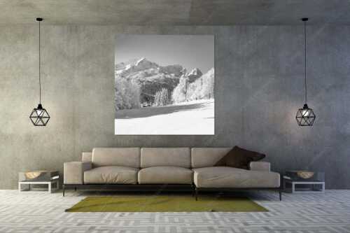 Winterlandschaft am Höfle mit Blick zum Zugspitzmassiv im Wetterstein - Winter im Werdenfels - Größe ca. 160x160cm, Seitenverhältnis 1:1 - Alpspitze Zugspitze und Waxenstein - weitere Infos unter https://www.kriner-weiermann.de