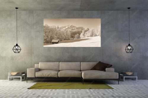 Winterlandschaft am Höfle mit Blick zum Zugspitzmassiv im Wetterstein - Winter im Werdenfels - Größe ca. 200x100cm, Seitenverhältnis 2:1 - Alpspitze Zugspitze und Waxenstein - weitere Infos unter https://www.kriner-weiermann.de