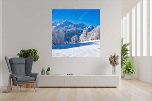 Winterlandschaft am Höfle mit Blick zum Zugspitzmassiv im Wetterstein - Winter im Werdenfels - 4er Split, Größe ca. 180x180cm, Seitenverhältnis 1:1 - Alpspitze Zugspitze und Waxenstein - weitere Infos unter https://www.kriner-weiermann.de