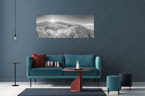 Blick über die Ortschaft Wamberg zum Zugspitzmassiv im Wetterstein - Winterliches Wamberg - Größe ca. 175x70cm, Seitenverhältnis 2,5:1 - Wetterstein und Zugspitzmassiv - weitere Infos unter https://www.kriner-weiermann.de