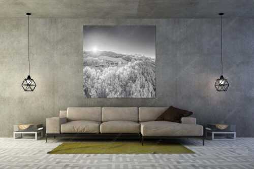 Blick über die Ortschaft Wamberg zum Zugspitzmassiv im Wetterstein - Winterliches Wamberg - Größe ca. 160x160cm, Seitenverhältnis 1:1 - Wetterstein und Zugspitzmassiv - weitere Infos unter https://www.kriner-weiermann.de