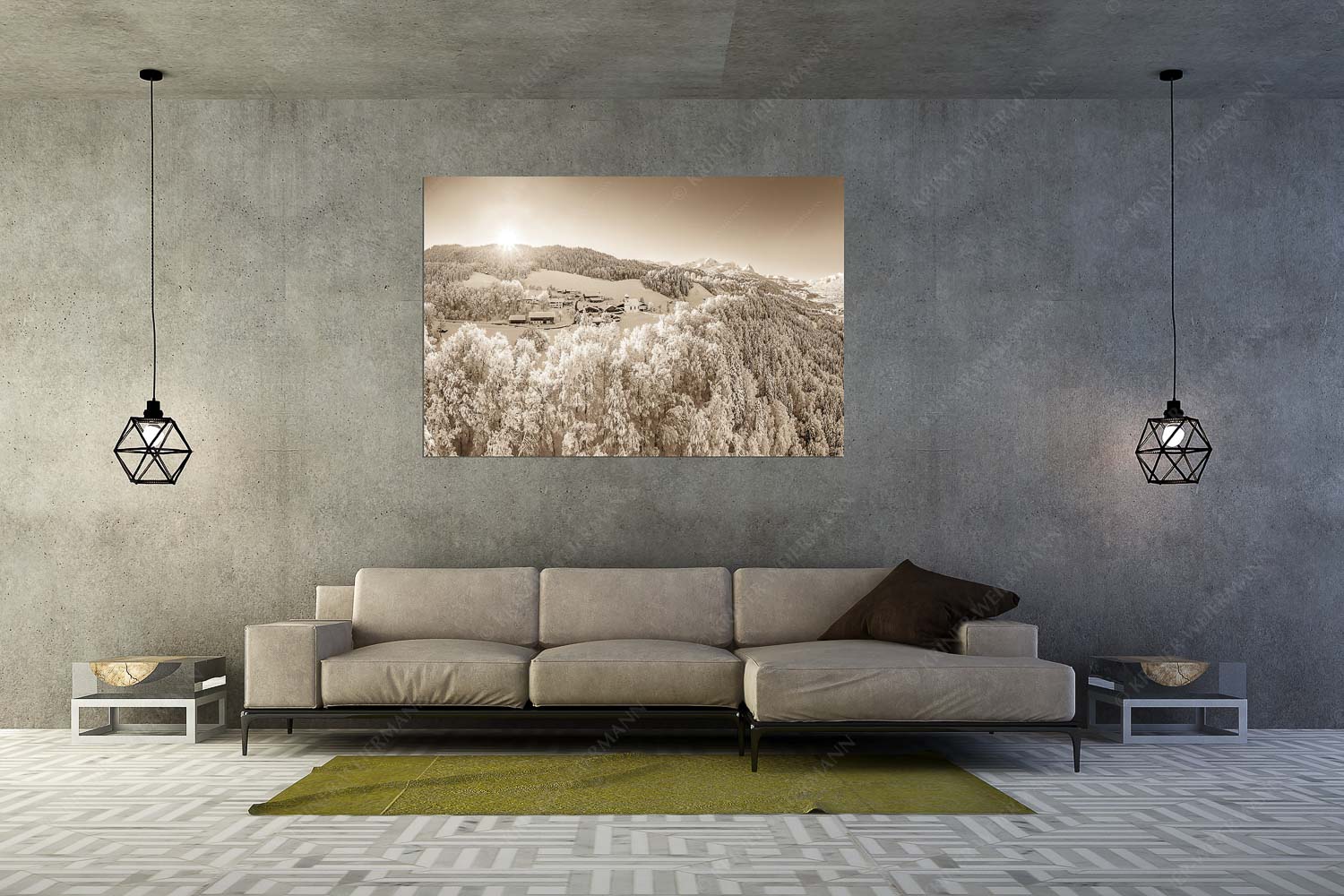 Winterliches Wamberg – Größe ca. 180x120cm, Seitenverhältnis 3:2 — Wetterstein und Zugspitzmassiv Blick über die Ortschaft Wamberg zum Zugspitzmassiv im Wetterstein - Winterliches Wamberg - Größe ca. 180x120cm, Seitenverhältnis 3:2 - Wetterstein und Zugspitzmassiv - weitere Infos unter https://www.kriner-weiermann.de