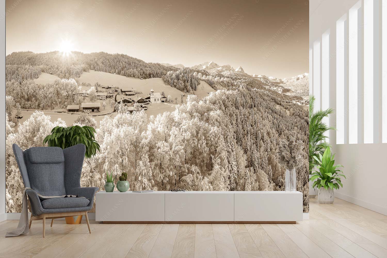 Winterliches Wamberg – Größe ca. 300x200cm, Seitenverhältnis 3:2 — Wetterstein und Zugspitzmassiv Blick über die Ortschaft Wamberg zum Zugspitzmassiv im Wetterstein - Winterliches Wamberg - Größe ca. 300x200cm, Seitenverhältnis 3:2 - Wetterstein und Zugspitzmassiv - weitere Infos unter https://www.kriner-weiermann.de