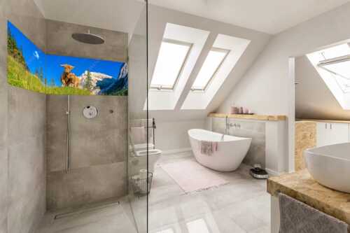Schottische Hochlandrinder am Halleranger mit Speckkarspitze im Karwendelgebirge - Wir gehören zam - Größe ca. 240x60cm, Seitenverhältnis 4:1 - Schottisches Hochlandrind mit Kalb - weitere Infos unter https://www.kriner-weiermann.de