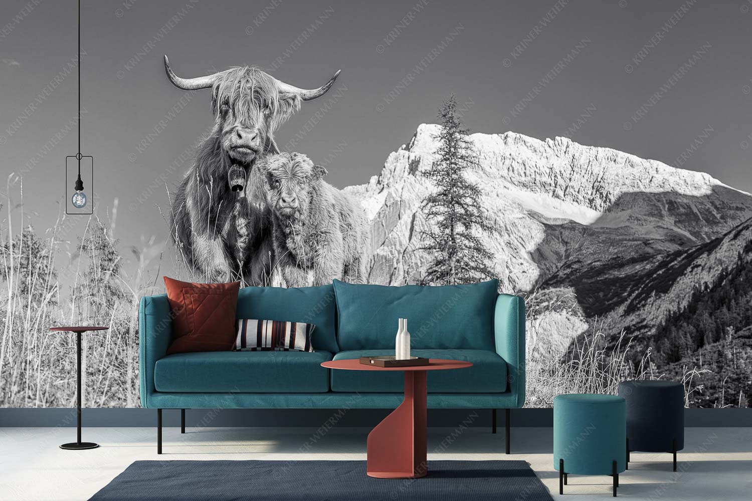 Wir gehören zam – Größe ca. 400x200cm, Seitenverhältnis 2:1 — Schottisches Hochlandrind mit Kalb Schottische Hochlandrinder am Halleranger mit Speckkarspitze im Karwendelgebirge - Wir gehören zam - Größe ca. 400x200cm, Seitenverhältnis 2:1 - Schottisches Hochlandrind mit Kalb - weitere Infos unter https://www.kriner-weiermann.de