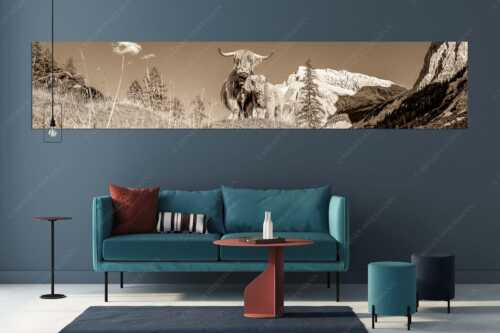 Schottische Hochlandrinder am Halleranger mit Speckkarspitze im Karwendelgebirge - Wir gehören zam - Größe ca. 350x70cm, Seitenverhältnis 5:1 - Schottisches Hochlandrind mit Kalb - weitere Infos unter https://www.kriner-weiermann.de