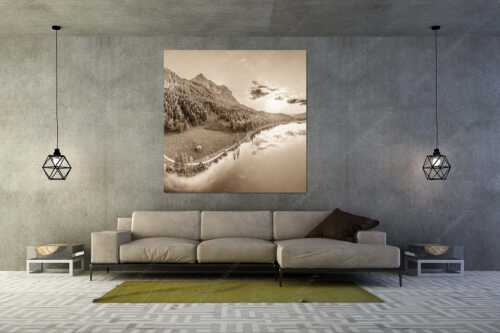 Blick über den Ferchensee zum Sonnenuntergang am Wettersteingebirge - Wohltuend - Größe ca. 160x160cm, Seitenverhältnis 1:1 - Ferchensee mit Wetterstein - weitere Infos unter https://www.kriner-weiermann.de
