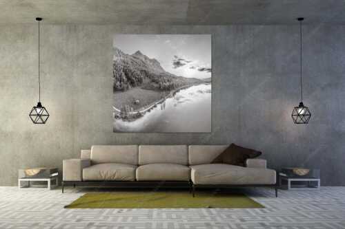 Blick über den Ferchensee zum Sonnenuntergang am Wettersteingebirge - Wohltuend - Größe ca. 160x160cm, Seitenverhältnis 1:1 - Ferchensee mit Wetterstein - weitere Infos unter https://www.kriner-weiermann.de