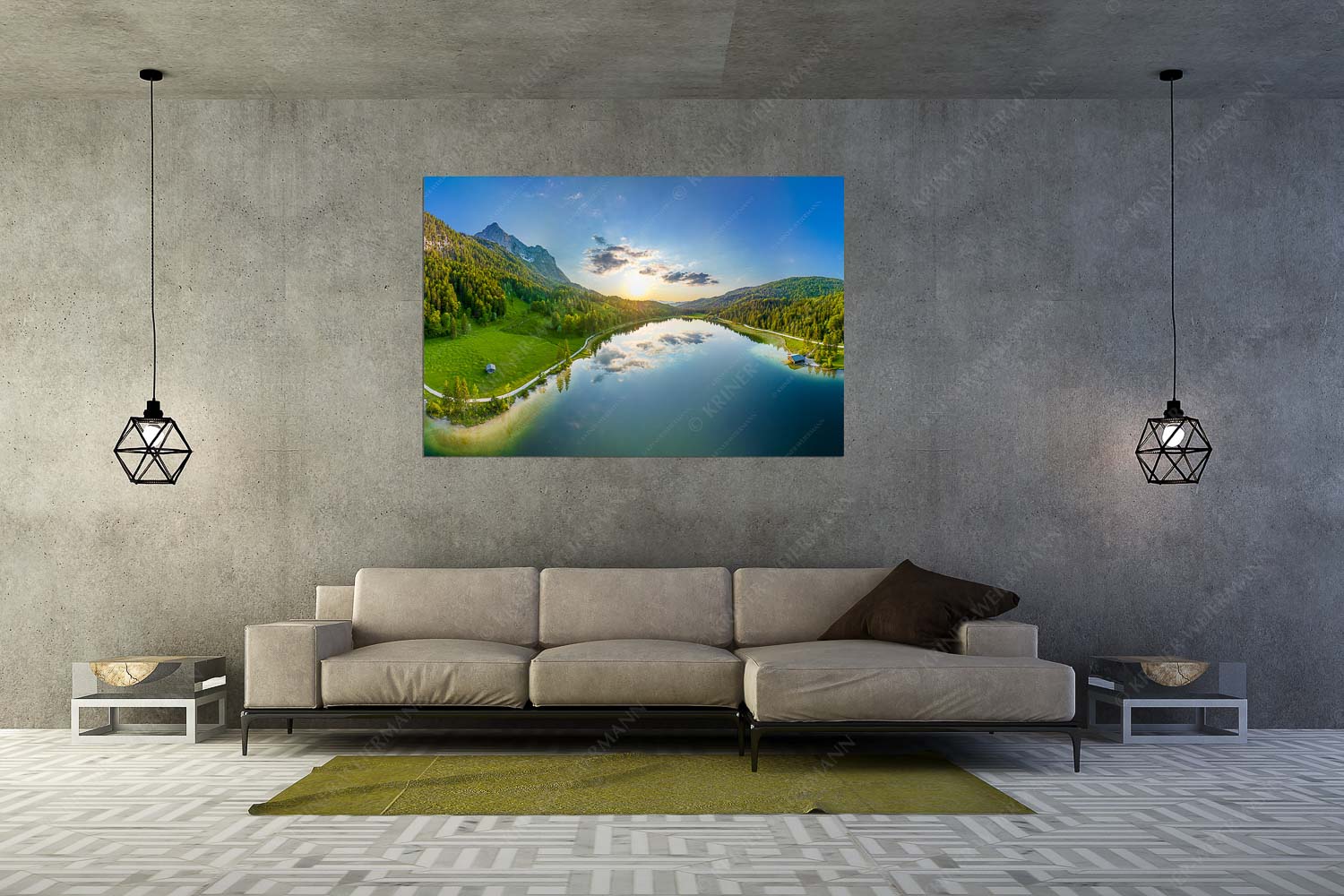 Wohltuend – Größe ca. 180x120cm, Seitenverhältnis 3:2 — Ferchensee mit Wetterstein Blick über den Ferchensee zum Sonnenuntergang am Wettersteingebirge - Wohltuend - Größe ca. 180x120cm, Seitenverhältnis 3:2 - Ferchensee mit Wetterstein - weitere Infos unter https://www.kriner-weiermann.de