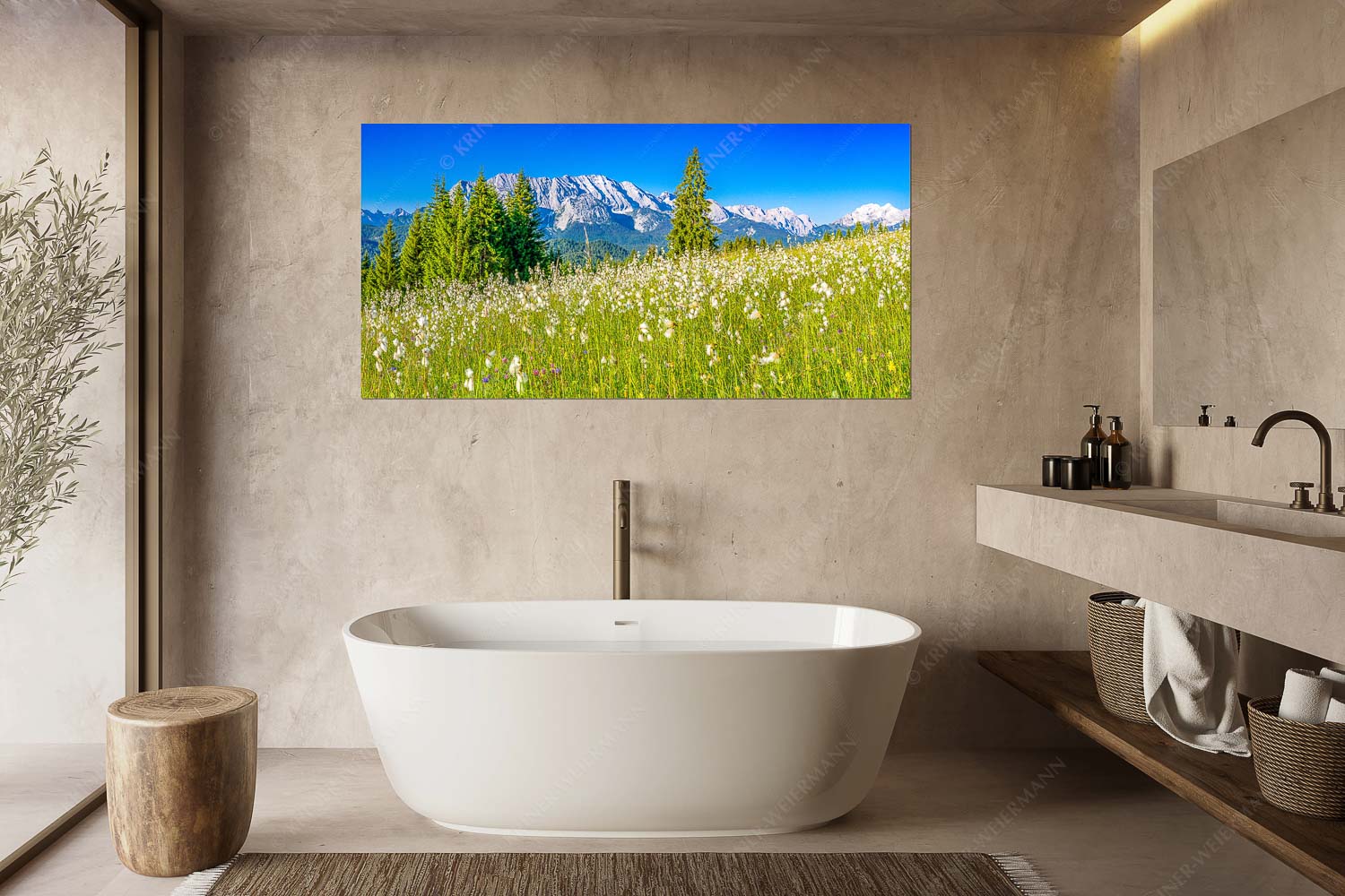 Wollgras Wiesn – Größe ca. 180x90cm, Seitenverhältnis 2:1 — Blumenwiese mit Wetterstein Blick über saftige Blumenwiese zum Wettersteingebirge - Wollgras Wiesn - Größe ca. 180x90cm, Seitenverhältnis 2:1 - Blumenwiese mit Wetterstein - weitere Infos unter https://www.kriner-weiermann.de