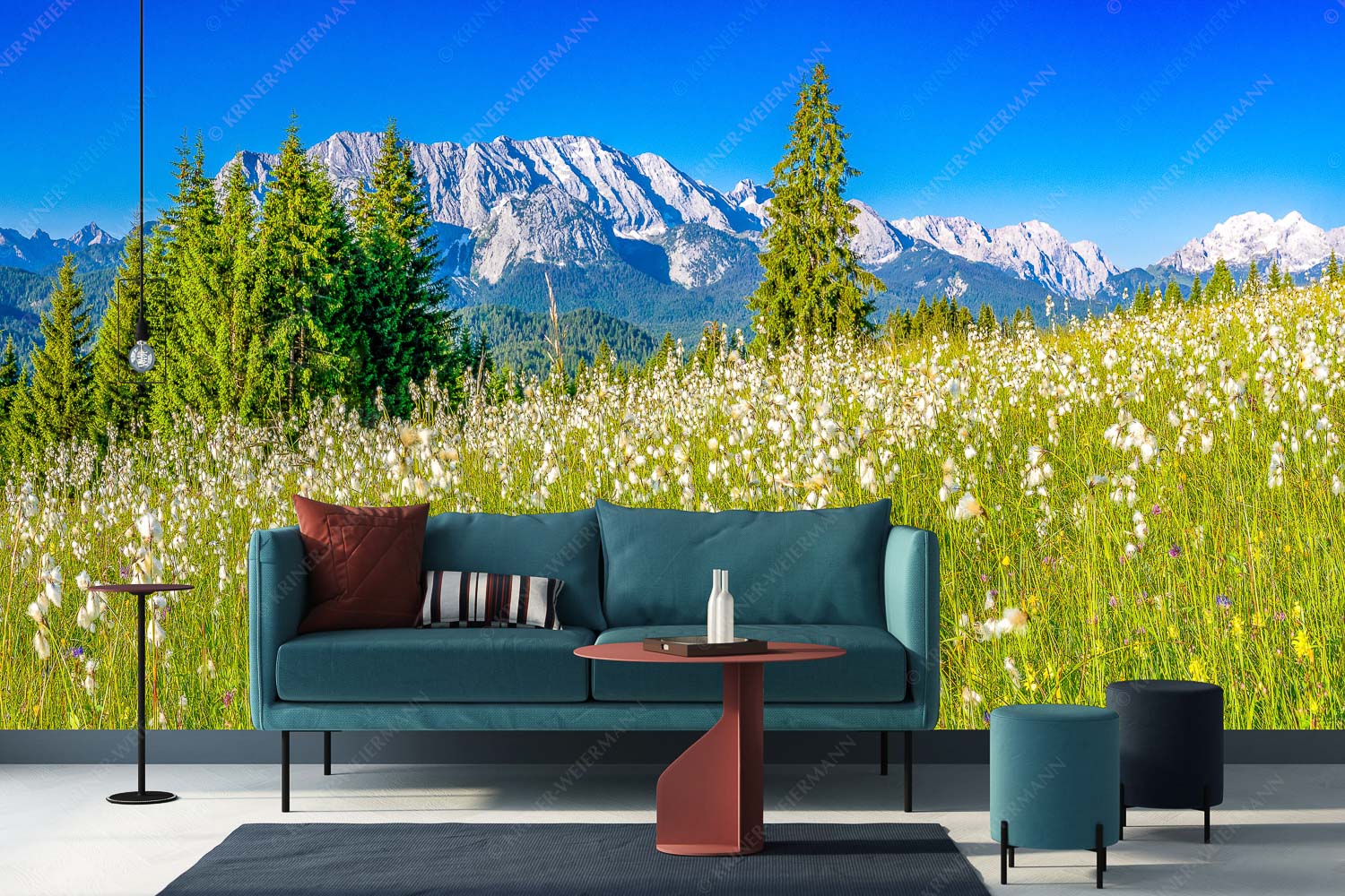 Wollgras Wiesn – Größe ca. 400x200cm, Seitenverhältnis 2:1 — Blumenwiese mit Wetterstein Blick über saftige Blumenwiese zum Wettersteingebirge - Wollgras Wiesn - Größe ca. 400x200cm, Seitenverhältnis 2:1 - Blumenwiese mit Wetterstein - weitere Infos unter https://www.kriner-weiermann.de