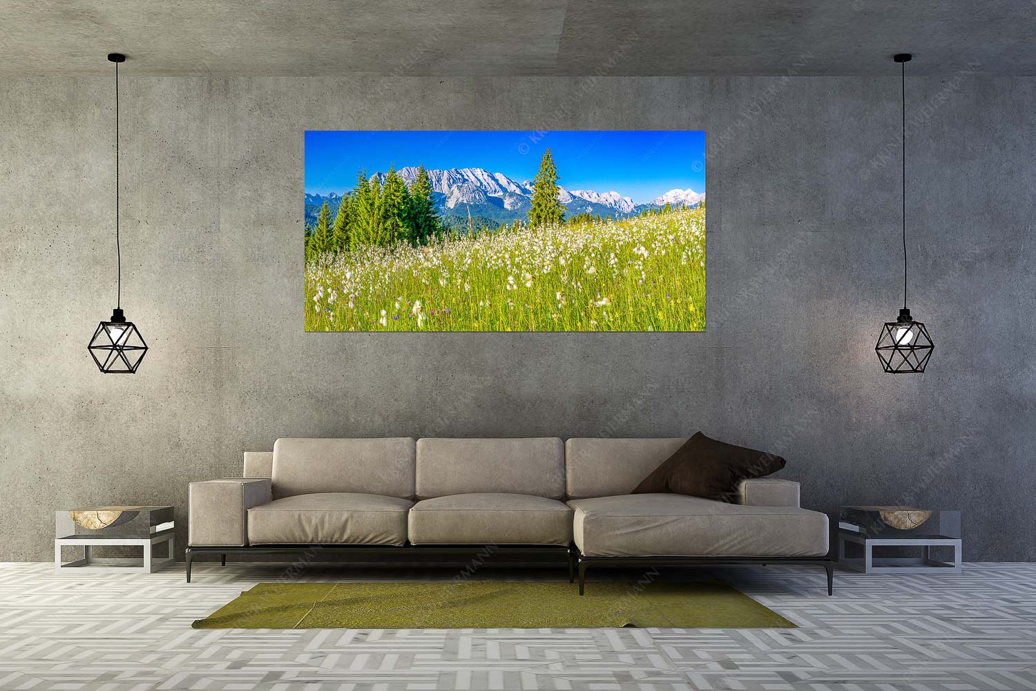 Wollgras Wiesn – Größe ca. 200x100cm, Seitenverhältnis 2:1 — Blumenwiese mit Wetterstein Blick über saftige Blumenwiese zum Wettersteingebirge - Wollgras Wiesn - Größe ca. 200x100cm, Seitenverhältnis 2:1 - Blumenwiese mit Wetterstein - weitere Infos unter https://www.kriner-weiermann.de