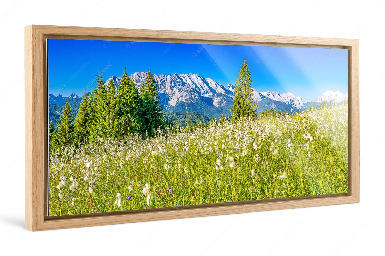 Wollgras Wiesn – Foto im Schattenfugen-Rahmen — Blumenwiese mit Wetterstein Blick über saftige Blumenwiese zum Wettersteingebirge - Wollgras Wiesn - Foto im Schattenfugen-Rahmen - Blumenwiese mit Wetterstein - weitere Infos unter https://www.kriner-weiermann.de