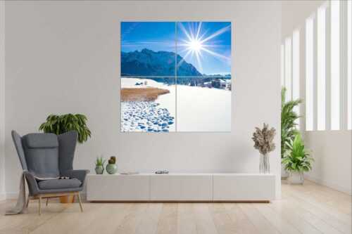 Blick über den Schmalensee zum Karwendelgebirge - Zuckerguss - 4er Split, Größe ca. 180x180cm, Seitenverhältnis 1:1 - Winter und Schnee am Schmalensee mit Karwendel - weitere Infos unter https://www.kriner-weiermann.de