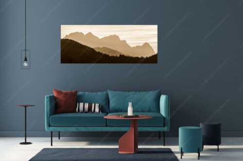Blick zum Zugspitzmassiv im Wettersteingebirge im herbstlichen Abendlicht - Zugspitzmassiv Silhouetten - Größe ca. 175x70cm, Seitenverhältnis 2,5:1 - Alpspitze Zugspitze Waxenstein - weitere Infos unter https://www.kriner-weiermann.de