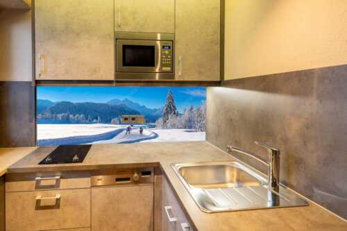 Zwei Langläufer genießen die perfekten Schneeverhältnisse im Elmauer Tal - Zwei Stile - ein Ziel - Größe ca. 150x60cm, Seitenverhältnis 2,5:1 - Langlaufen in Elmau - weitere Infos unter https://www.kriner-weiermann.de