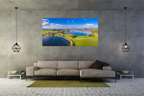 Blick über den Froschhauser- und Riegsee mit den gleichnamigen Orten - Zwei Voralpenseen - Größe ca. 200x100cm, Seitenverhältnis 2:1 - Froschhausersee und Riegsee - weitere Infos unter https://www.kriner-weiermann.de