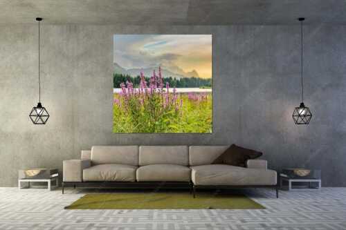 Wetterbesserung nach einem Gewitterregen am Geroldsee - Gewöhnlicher Blutweiderich - Wandbild - Größe ca. 160x160cm, Seitenverhältnis 1:1 - Geroldsee mit Zugspitze - weitere Infos unter https://www.kriner-weiermann.de