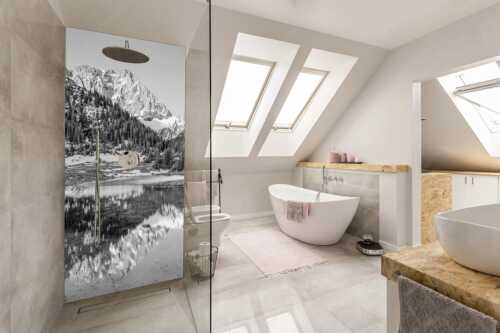 Fönige Morgenstimmung an der Fereineralm zwischen Soiern- und Karwendelgebirge - Klare Kante - Alu-Dibond Badezimmer Bild - Größe ca. 110x220cm, Seitenverhältnis 1:2 - Fereineralm im Karwendel - weitere Infos unter https://www.kriner-weiermann.de