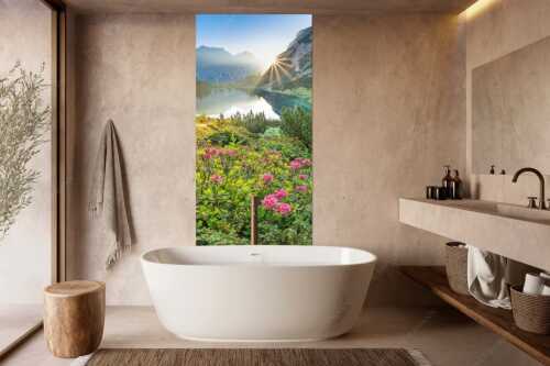 Almrosenblüte am Seebensee mit Blick zum Sonnenaufgang am Wettersteingebirge - Rosengarten - Wandbild - Größe ca. 100x200cm, Seitenverhältnis 1:2 - Almrosen am Seebensee - weitere Infos unter https://www.kriner-weiermann.de