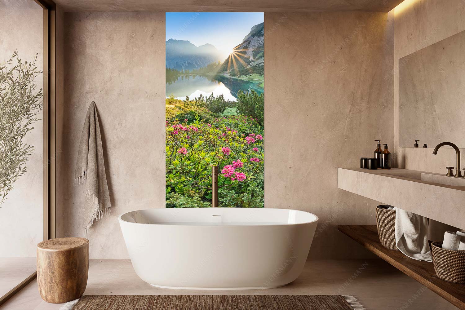 Almrosenblüte am Seebensee mit Blick zum Sonnenaufgang am Wettersteingebirge - Rosengarten - Wandbild - Größe ca. 100x200cm, Seitenverhältnis 1:2 - Almrosen am Seebensee - weitere Infos unter https://www.kriner-weiermann.de