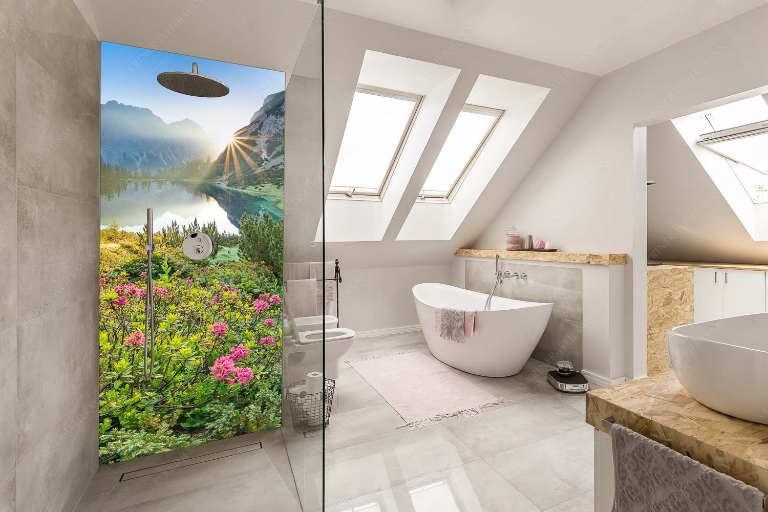 Rosengarten – Alu-Dibond Badezimmer Bild – Größe ca. 110x220cm, Seitenverhältnis 1:2 — Almrosen am Seebensee Almrosenblüte am Seebensee mit Blick zum Sonnenaufgang am Wettersteingebirge - Rosengarten - Alu-Dibond Badezimmer Bild - Größe ca. 110x220cm, Seitenverhältnis 1:2 - Almrosen am Seebensee - weitere Infos unter https://www.kriner-weiermann.de