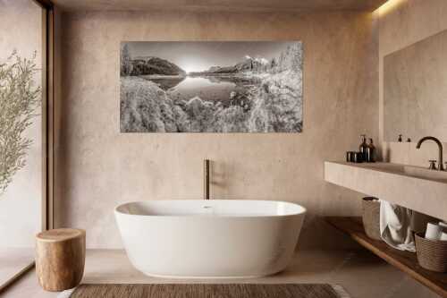 Die ersten Sonnenstrahlen an dem kleinen See bei der Fereineralm - Zeit zum atmen - Wandbild - Größe ca. 180x90cm, Seitenverhältnis 2:1 - Soiern und Karwendel - weitere Infos unter https://www.kriner-weiermann.de