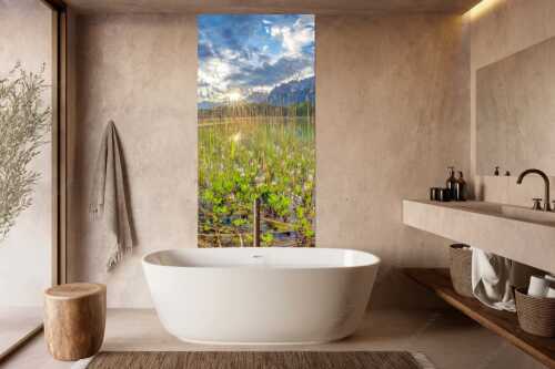 Die zarten Blüten des Fieberklees sind mit die ersten Booten im Frühling - Zartes Wesen - Wandbild - Größe ca. 100x200cm, Seitenverhältnis 1:2 - Lautersee mit Karwendel - weitere Infos unter https://www.kriner-weiermann.de