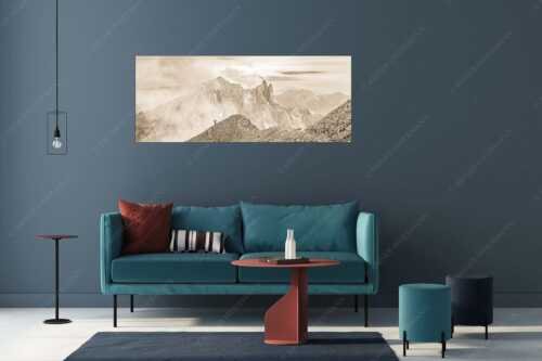Bergsteigerin auf dem Grat zum Kuhkopf im Karwendelgebirge - Bergauf Bergab - Wandbild - Größe ca. 175x70cm, Seitenverhältnis 2,5:1 - Karwendel Kuhkopf Grabenkarturm - weitere Infos unter https://www.kriner-weiermann.de