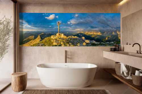 Blick von der Soiernspitze ins Karwendel - Dem Himmel nah - Wandbild - Größe ca. 300x100cm, Seitenverhältnis 3:1 - Soiernspitze Gipfelkreuz - weitere Infos unter https://www.kriner-weiermann.de