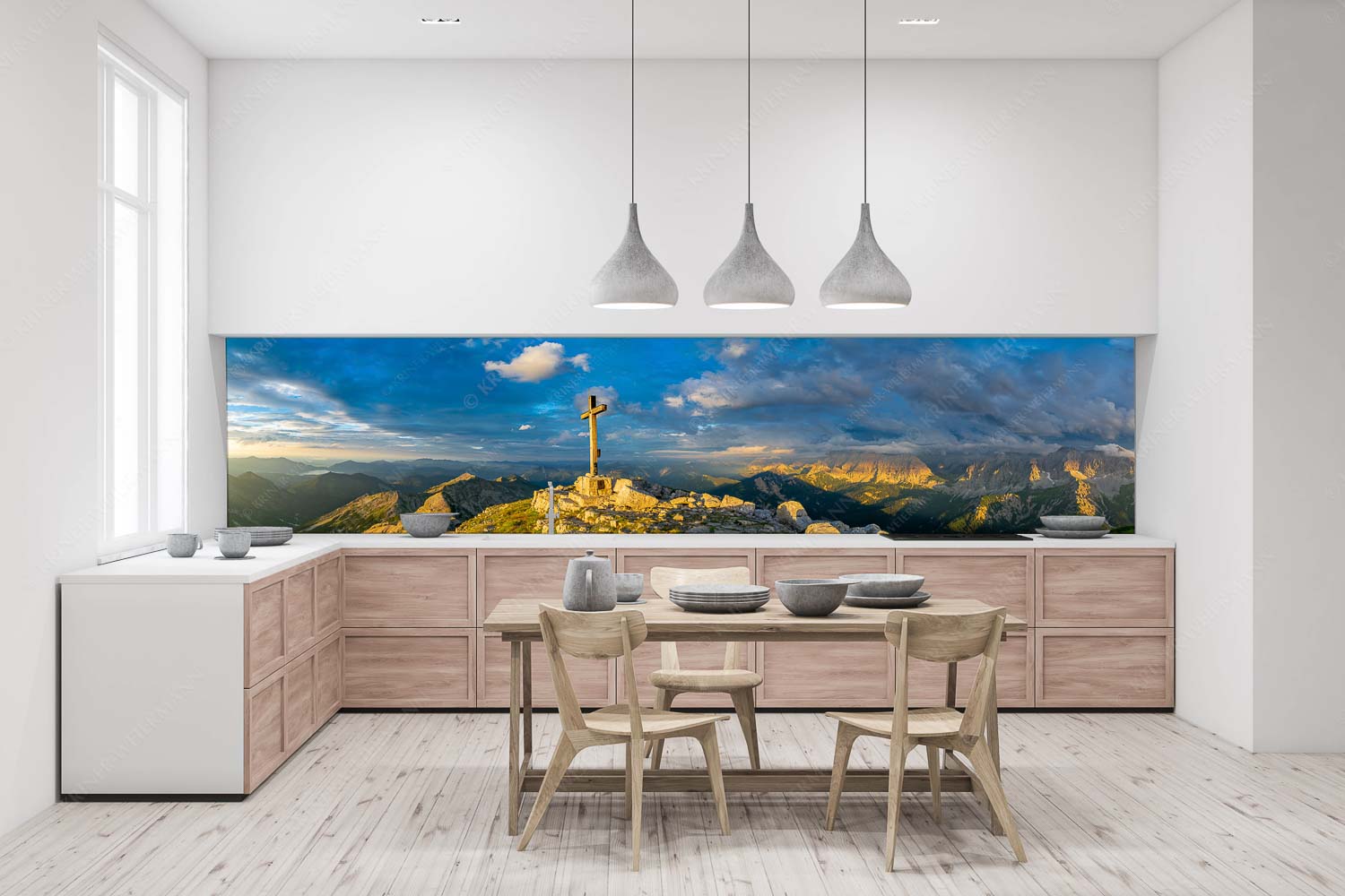 Dem Himmel nah – Küchenrückwand – Größe ca. 400x100cm, Seitenverhältnis 4:1 — Soiernspitze Gipfelkreuz Blick von der Soiernspitze ins Karwendel - Dem Himmel nah - Küchenrückwand - Größe ca. 400x100cm, Seitenverhältnis 4:1 - Soiernspitze Gipfelkreuz - weitere Infos unter https://www.kriner-weiermann.de