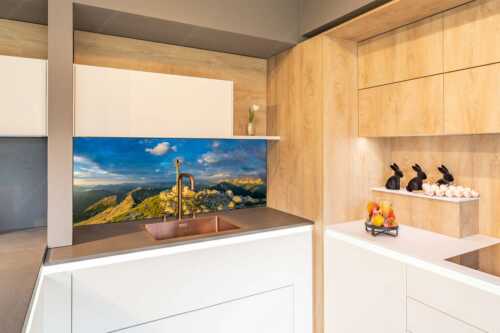 Blick von der Soiernspitze ins Karwendel - Dem Himmel nah - Küchenrückwand - Größe ca. 150x60cm, Seitenverhältnis 2,5:1 - Soiernspitze Gipfelkreuz - weitere Infos unter https://www.kriner-weiermann.de