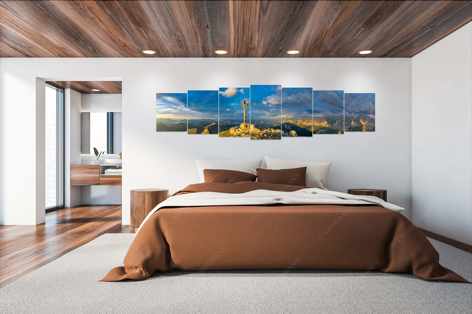 Dem Himmel nah – Wandbild – 7er Split, Größe ca. 300x75cm, Seitenverhältnis 4:1 — Soiernspitze Gipfelkreuz Blick von der Soiernspitze ins Karwendel - Dem Himmel nah - Wandbild - 7er Split, Größe ca. 300x75cm, Seitenverhältnis 4:1 - Soiernspitze Gipfelkreuz - weitere Infos unter https://www.kriner-weiermann.de