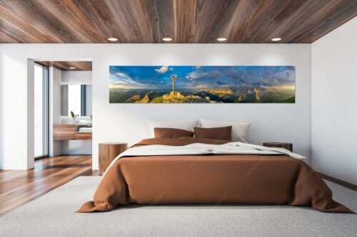 Blick von der Soiernspitze ins Karwendel - Dem Himmel nah - Wandbild - Größe ca. 300x60cm, Seitenverhältnis 5:1 - Soiernspitze Gipfelkreuz - weitere Infos unter https://www.kriner-weiermann.de