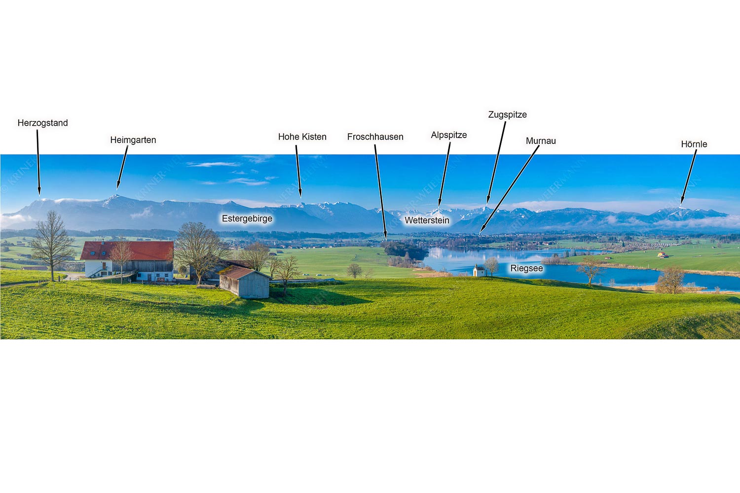Blick über den Riegsee zum Estergebirge, Wetterstein und Ammergauer Bergen - Frühlingsgöttin Ostara - 