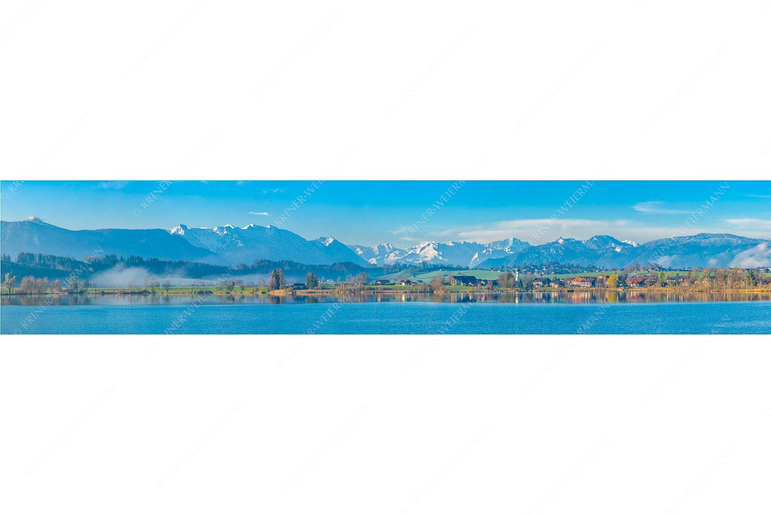 Froschhausener Morgen – Seitenverhältnis 5:1 — Riegsee und Froschhausen Blick über den Riegsee und Froschhausen zum Zugspitzmassiv