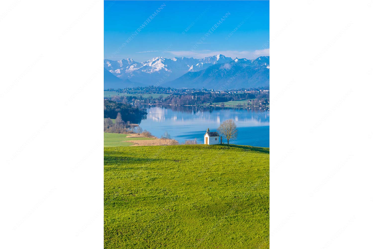 Blick über den Riegsee zum Estergebirge, Wetterstein und Ammergauer Bergen