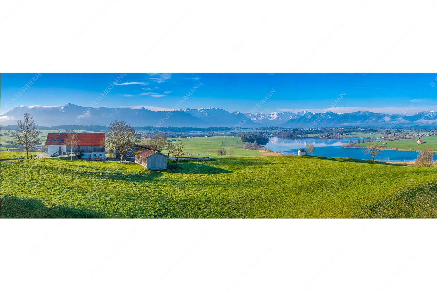 Blick über den Riegsee zum Estergebirge, Wetterstein und Ammergauer Bergen