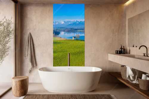 Blick über den Riegsee zum Estergebirge, Wetterstein und Ammergauer Bergen - Frühlingsgöttin Ostara - Wandbild - Größe ca. 100x200cm, Seitenverhältnis 1:2 - Mesnerhauskapelle Aidling - weitere Infos unter https://www.kriner-weiermann.de