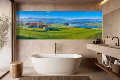 Blick über den Riegsee zum Estergebirge, Wetterstein und Ammergauer Bergen - Frühlingsgöttin Ostara - Wandbild - Größe ca. 300x100cm, Seitenverhältnis 3:1 - Mesnerhauskapelle Aidling - weitere Infos unter https://www.kriner-weiermann.de