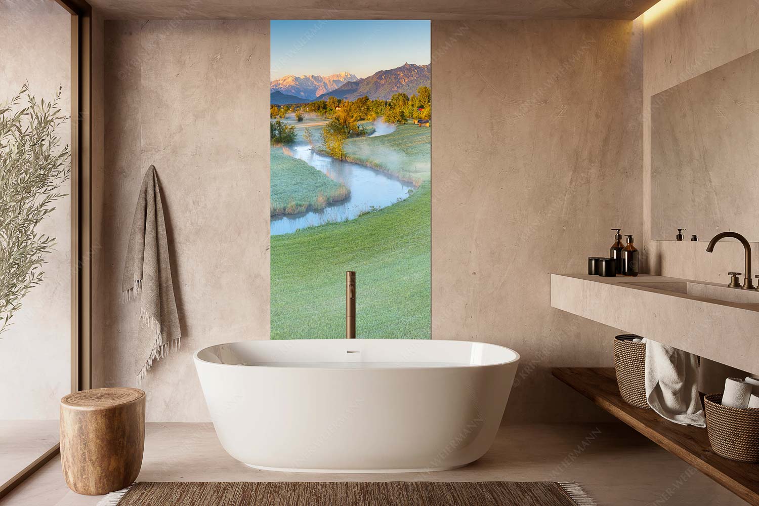 Ramsach bei Murnau mit Blick zum Estergebirge, Wetterstein und den Ammergauern Alpen - Ramsachschleife II - Wandbild - Größe ca. 100x200cm, Seitenverhältnis 1:2 - Ramsach Murnau - weitere Infos unter https://www.kriner-weiermann.de