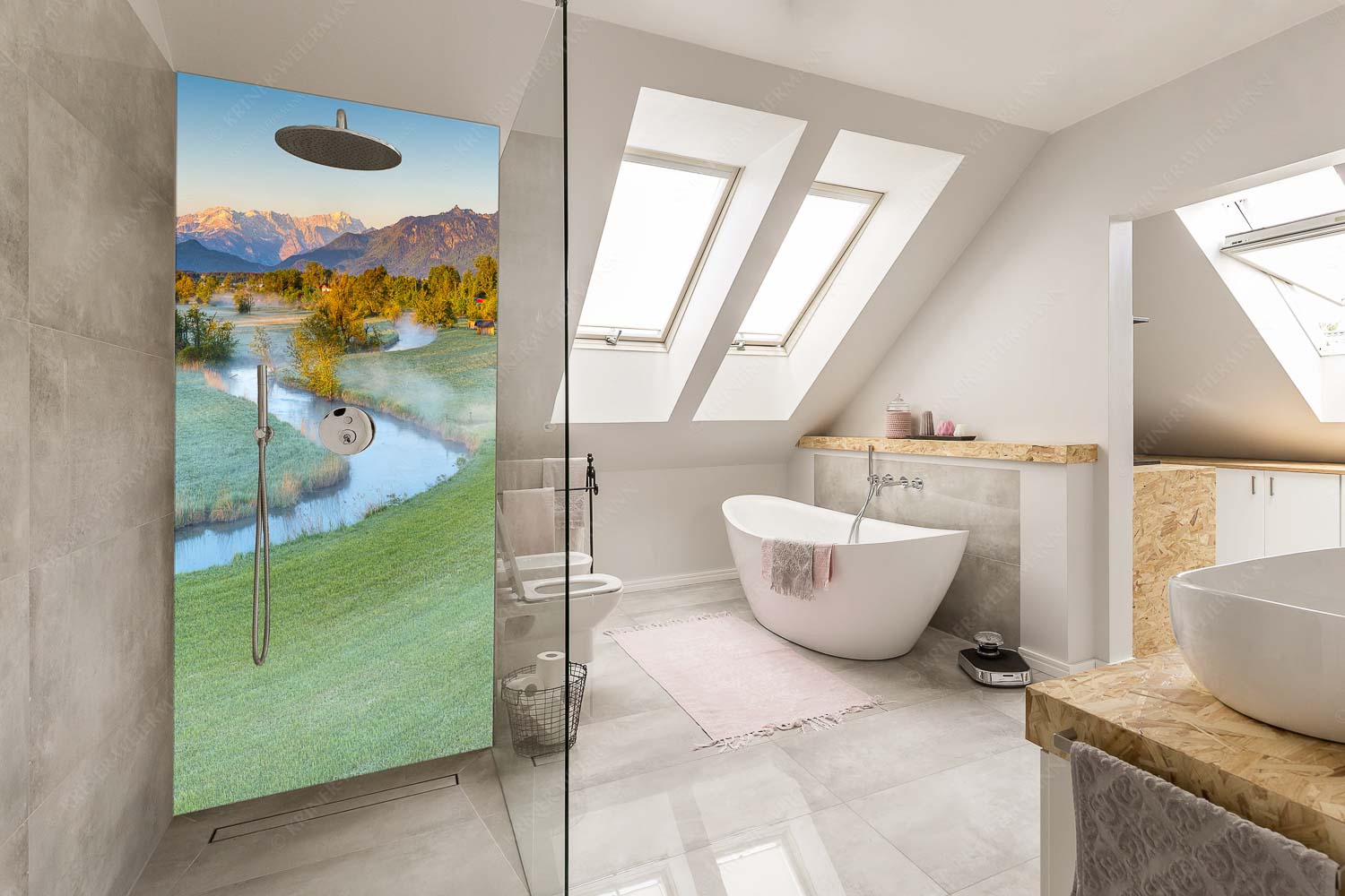 Ramsachschleife II – Alu-Dibond Badezimmer Bild – Größe ca. 110x220cm, Seitenverhältnis 1:2 — Ramsach Murnau Ramsach bei Murnau mit Blick zum Estergebirge, Wetterstein und den Ammergauern Alpen - Ramsachschleife II - Alu-Dibond Badezimmer Bild - Größe ca. 110x220cm, Seitenverhältnis 1:2 - Ramsach Murnau - weitere Infos unter https://www.kriner-weiermann.de