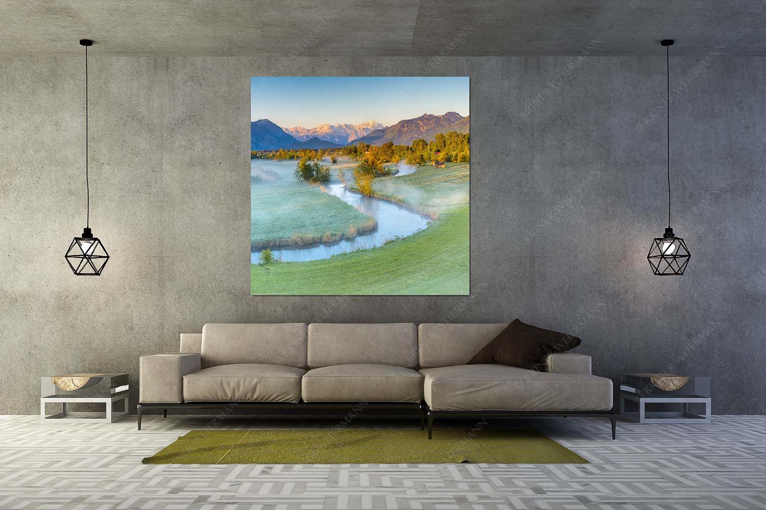 Ramsach bei Murnau mit Blick zum Estergebirge, Wetterstein und den Ammergauern Alpen - Ramsachschleife II - Wandbild - Größe ca. 160x160cm, Seitenverhältnis 1:1 - Ramsach Murnau - weitere Infos unter https://www.kriner-weiermann.de