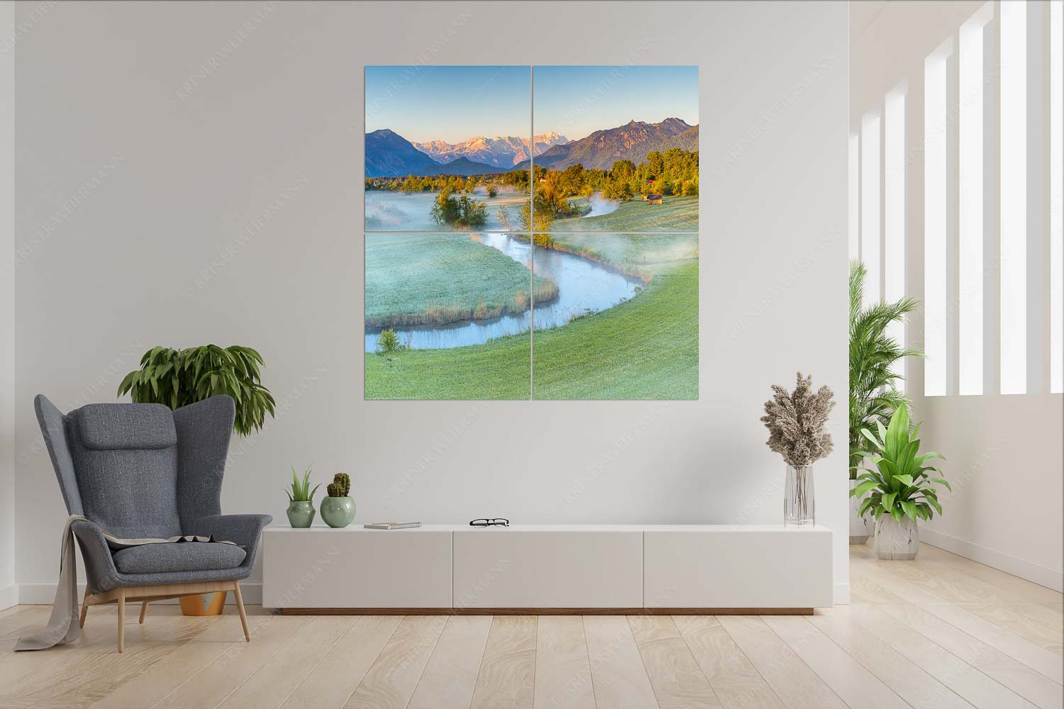 Ramsachschleife II – Wandbild – 4er Split, Größe ca. 180x180cm, Seitenverhältnis 1:1 — Ramsach Murnau Ramsach bei Murnau mit Blick zum Estergebirge, Wetterstein und den Ammergauern Alpen - Ramsachschleife II - Wandbild - 4er Split, Größe ca. 180x180cm, Seitenverhältnis 1:1 - Ramsach Murnau - weitere Infos unter https://www.kriner-weiermann.de