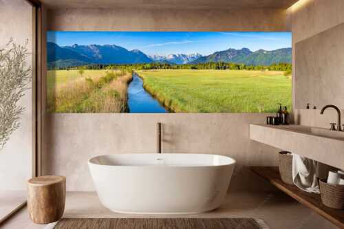 Blick über das Murnauer Moos durchs Loisachtal zum Zugspitzmassiv - Stille Linie - Wandbild - Größe ca. 300x100cm, Seitenverhältnis 3:1 - Murnauer Moos Loisachtal - weitere Infos unter https://www.kriner-weiermann.de
