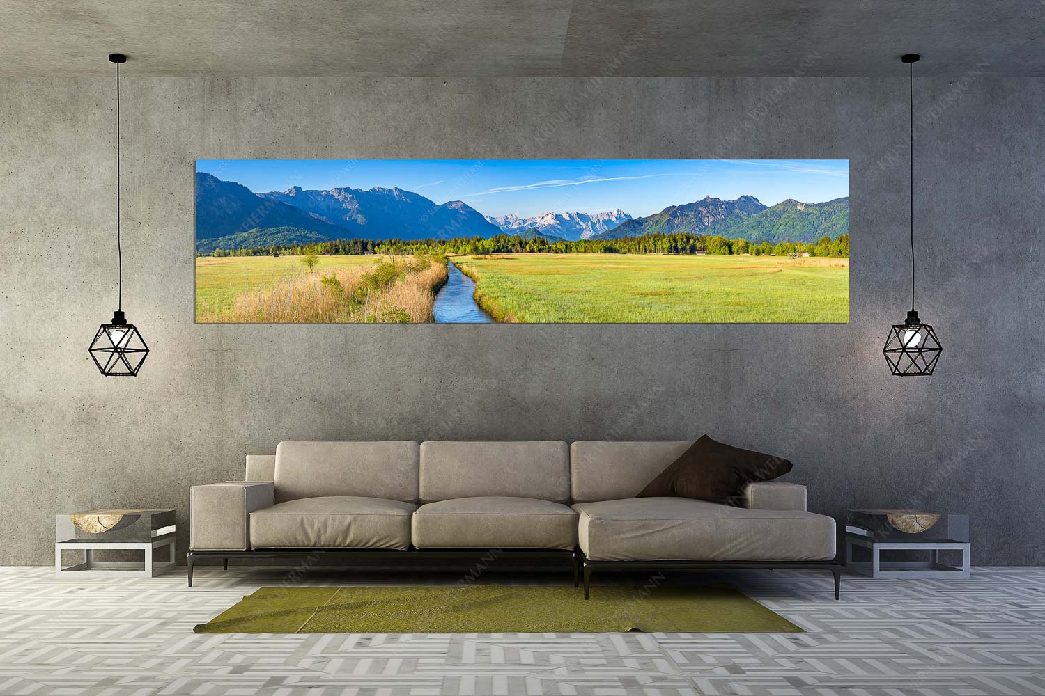 Stille Linie – Wandbild – Größe ca. 320x80cm, Seitenverhältnis 4:1 — Murnauer Moos Loisachtal Blick über das Murnauer Moos durchs Loisachtal zum Zugspitzmassiv - Stille Linie - Wandbild - Größe ca. 320x80cm, Seitenverhältnis 4:1 - Murnauer Moos Loisachtal - weitere Infos unter https://www.kriner-weiermann.de
